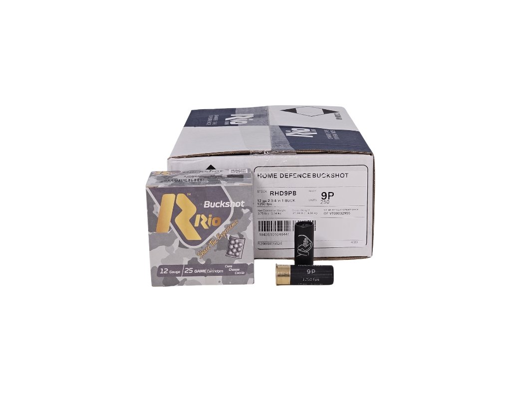 2026/08/1000372876.jpg RIO Home Defense CASE 12 Gauge 2 3/4” 9 Pellet #1 Buckshot – 250 Rounds (CASE) RHD9PB - Image 1